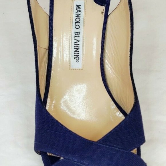 Manolo Blahnik Blue & White Suede & Canvas Slingba - Picture 5 of 6